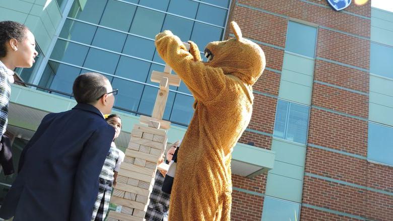 Nittany Lion building jenga tower