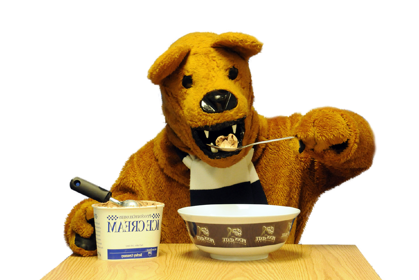 The Nittany Lion mascot digs in to a bowl of Berkey Creamery Ice Cream