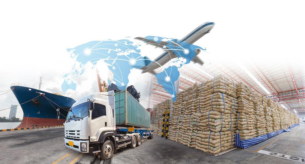 A collage image of stacks of dry goods, airplane, truck, ship, and world map.